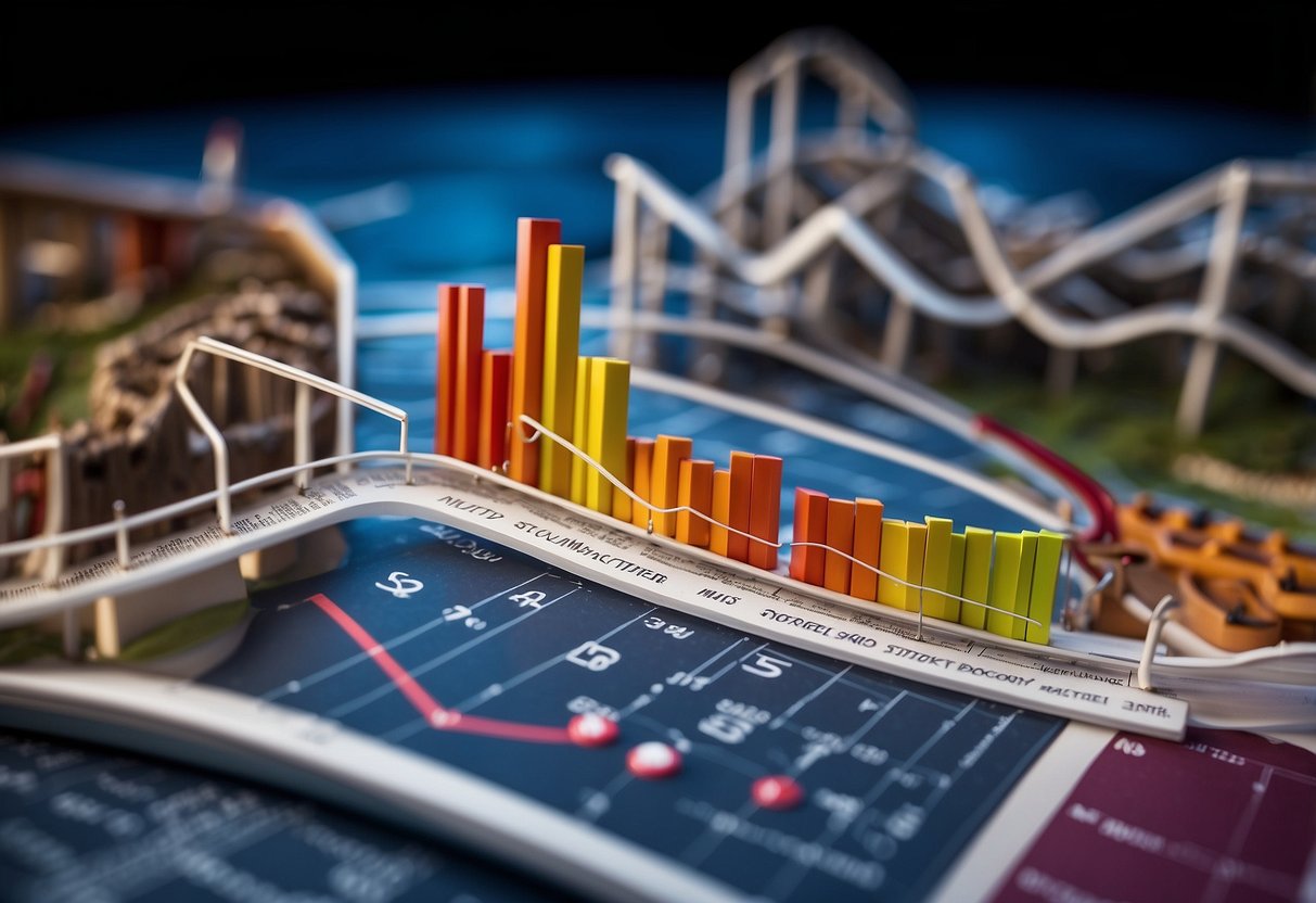 A stock market graph with a roller coaster overlay, a scale balancing risk and reward, and a "myth vs truth" chart