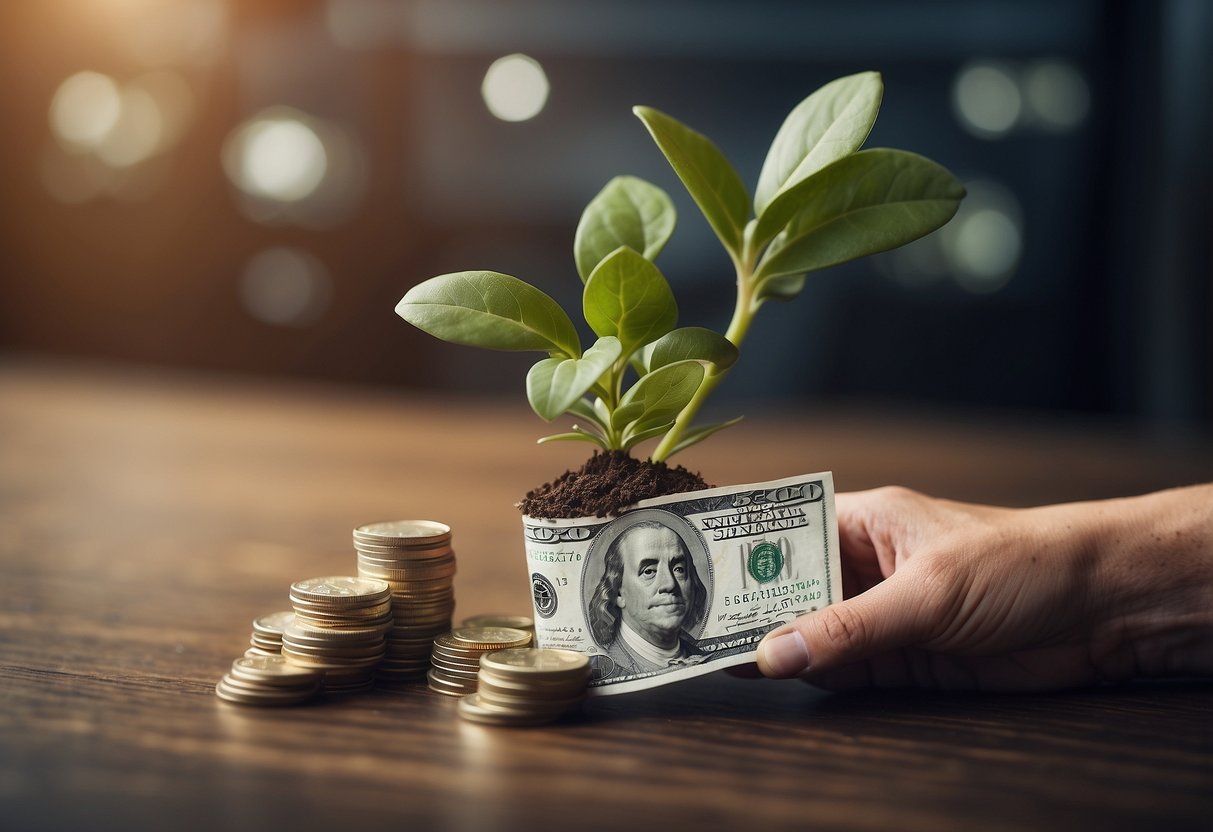 A hand holding a $5 bill, surrounded by symbols of growth and financial success, such as a rising graph, a piggy bank, and a small plant sprouting from a pile of coins