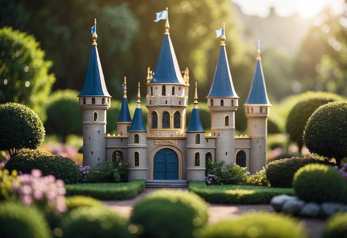 A regal castle surrounded by flourishing gardens, symbolizing the stability and growth of high-yield, low-debt stocks