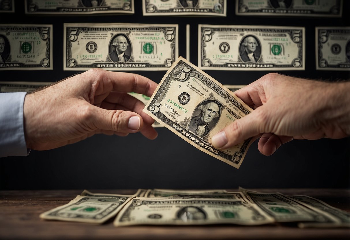 A hand placing a $5 bill into a slot labeled "Micro-Investing." A graph in the background shows the money growing over time