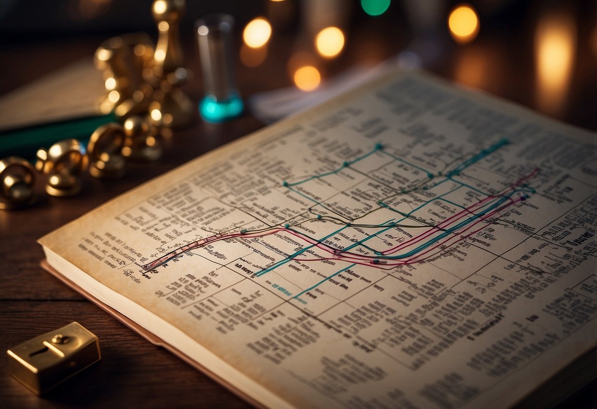 A stock market graph with a roller coaster-like line, surrounded by gambling symbols and a "debunking myths" book