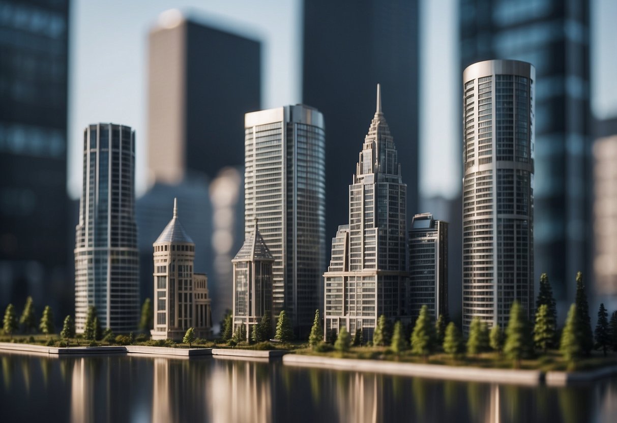 A group of sturdy, towering buildings symbolizing stability and growth, with upward trending stock charts in the background