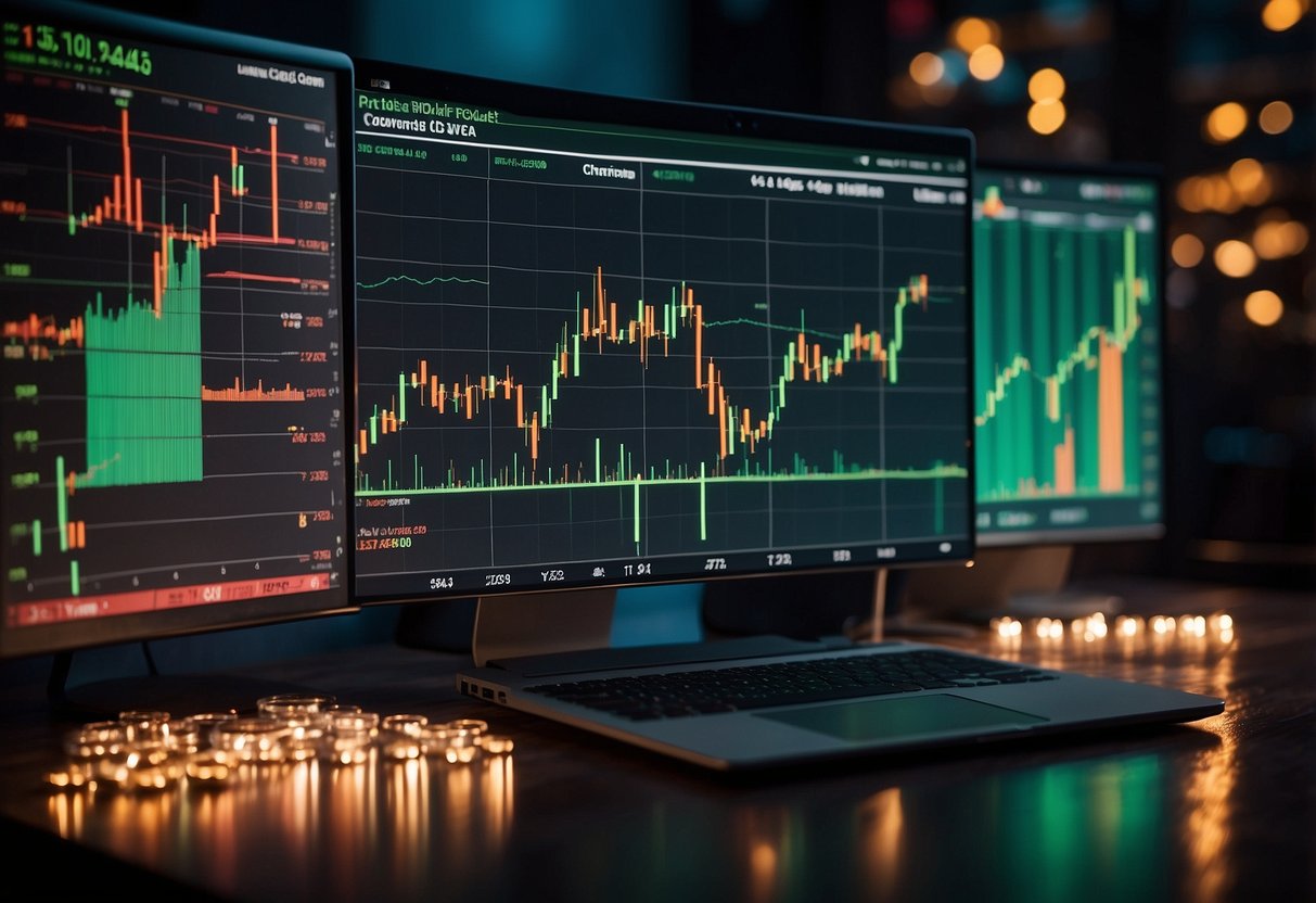 Bitcoin and Ethereum price charts fluctuate wildly, resembling a rollercoaster. Red and green candles show rapid ups and downs. Market indicators and volume bars create a chaotic yet dynamic scene