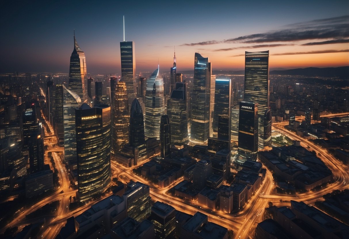 A bustling city skyline with skyscrapers and financial institutions. A network of interconnected lines symbolizing the flow of capital in private credit markets