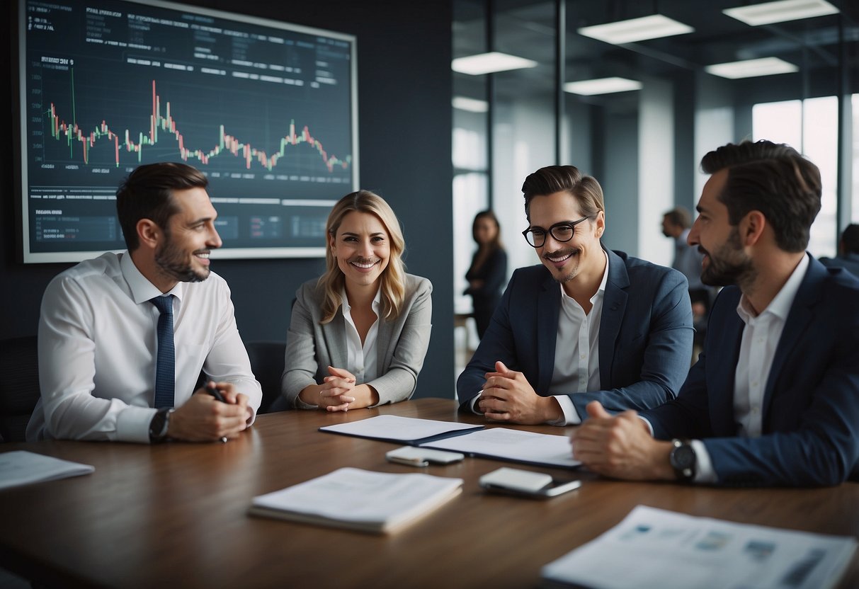 A group of investors gather in a modern office, discussing private credit opportunities. Charts and graphs adorn the walls, showcasing the potential for high-yield investments in the private credit market