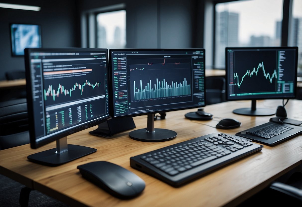 A modern office with charts, graphs, and digital screens displaying investment portfolios. A mix of traditional 60-40 strategies and cutting-edge family office approaches