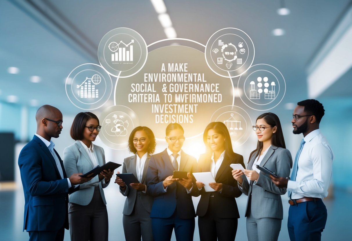 A group of diverse individuals researching and analyzing data on environmental, social, and governance criteria to make informed investment decisions