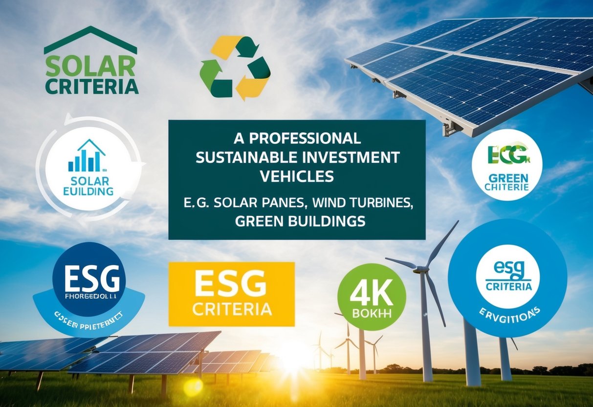 A diverse group of sustainable investment vehicles (e.g. solar panels, wind turbines, green buildings) with ESG criteria displayed prominently