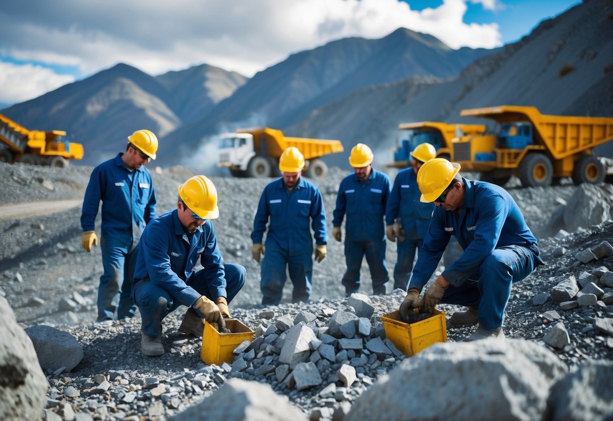 A group of miners extracting rare earth metals from a rocky, mountainous landscape, with industrial machinery and trucks in the background