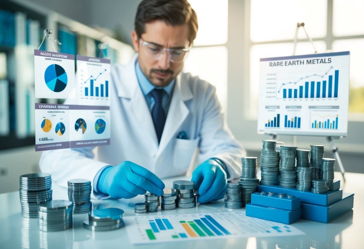 A scientist carefully examines a collection of rare earth metals, surrounded by charts and graphs showing their potential for strategic investing